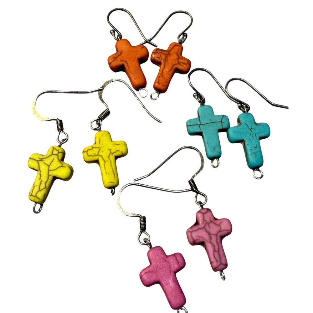 Colorful Cross Dangle Earrings 4 Pair Pierced Hooks Multi-Colored Stone Look